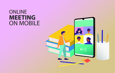 Digital Meeting Teleconference Online internet on phone, mobile website background. social distance concept. decor by book pencil vector Illustration.