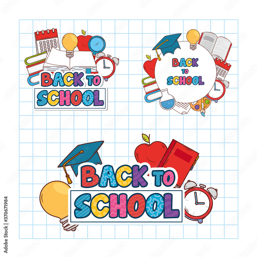 Wall mural set banners of back to school with supplies education icons vector illustration design