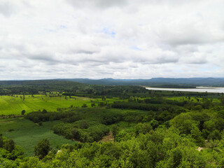 High angle shot forest with river and mountain landscape. Sisaket Thailand