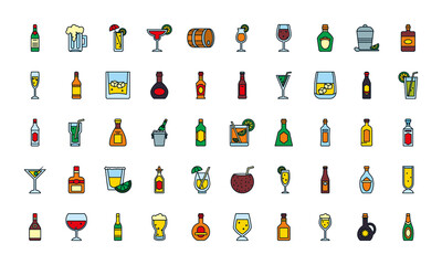 liquors icon set, line and fill style