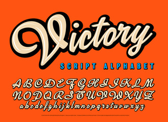 Victory Script Alphabet. A Cursive Lettering Style in Neutral Tones with Thick Black Outline Shadows and Highlights. Great Branding Font for Hip Fashion or Sports.