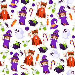 Halloween cartoon seamless pattern - kids in halloween costumes of devil and witch, scary creepy ghost, spider, cauldron with potion, traditional holiday symbols - vector seamless background