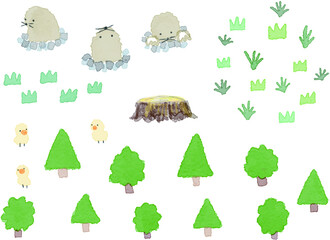 モグラと森のかわいい水彩イラストセット