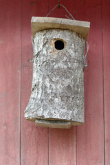 Portrait of birdhouse hanging against red wooden wall