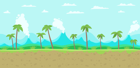 Fototapeta na wymiar Jungle game background. Parallax ready layers. Seamless pattern tileable. Landscape with a palm trees tropics and volcano. Unending vector flat illustration. Horizontal banner.