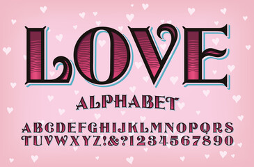 Love Alphabet; An Elegant and Curvaceous Font in Cool Pink Tones. Lettering for Love Letters, Romance, Valentine's Day. Background is a Pattern of Whimsical Valentine Hearts.