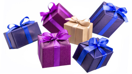 Gift in a box, wrapped in colorful paper with a bow, isolated. Holidays concept, greeting card. Black Friday sale.