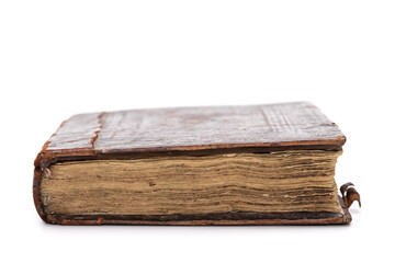 Old tattered book in a brown leather case with clasps, yellowed pages. Close up, studio shot, in isolation.
