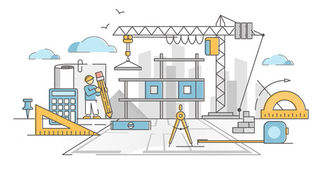 Civil engineering industry tools and symbolic equipment in outline concept