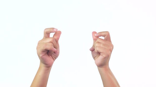 Close up of hand snapping her fingers making hand gestures to the rhythm of a separate song on a white background.