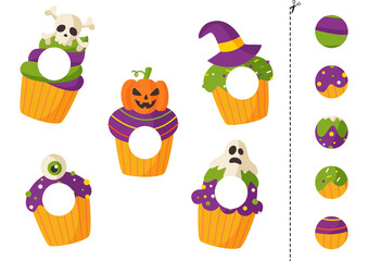 Halloween cupcakes cut and glue game for kids.