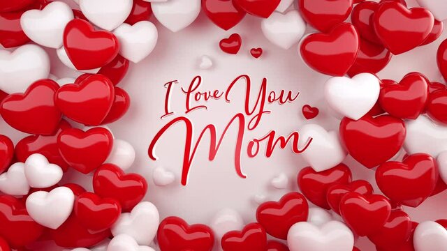 Red and white hearts are moving around beautiful I love you mom typography on a white background.