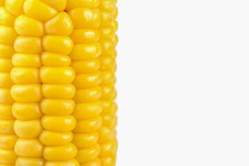 yellow sweet corn, peeled cob on white background, close-up, blur