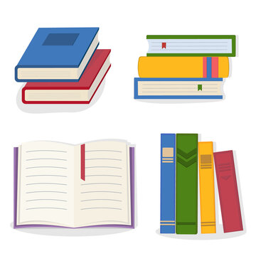 set composition of books that are standing, stack of books, open book, color vector illustration in flat style on a white background, clipart, design, decoration, icon, sign, sketch, banner, logo