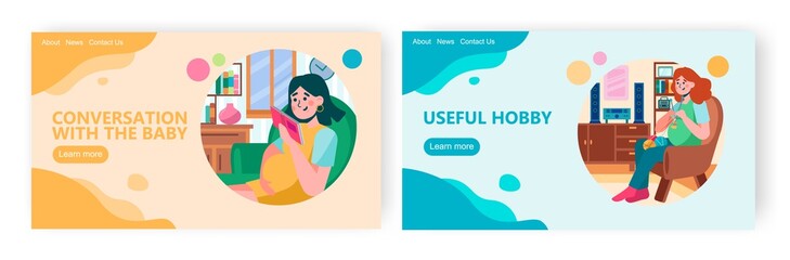 Pregnant woman read book at home. Woman sitting in chair and knitting. Stay home and hobby concept illustration. Vector web site design template