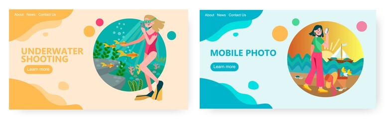 Woman takes fish photo underwater. Girl taking picture of beautiful sunset and boat. Travel and summer beach vacation concept illustration. Vector web site design template