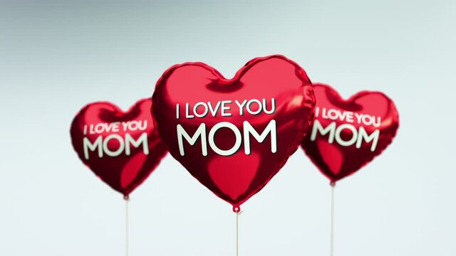 Red heart balloons with beautiful i love you mom  typography. Seamless looping 3d animation with luma channel.