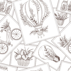 Seamless vector pattern with photo frames and different decoration elements, plants, light bulb, bicycle, hot air balloon. Hand drawn vintage background
