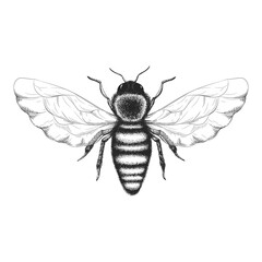 Vector vintage illustration with hand drawn black and white honey bee isolated on white background