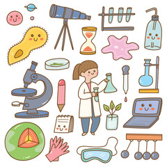 scientist with laboratory equipment in kawaii doodle style illustration