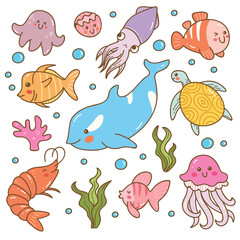 Set of sea animal kawaii doodles