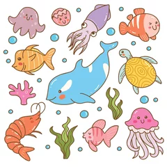 Fotobehang Onder de zee Set van zeedieren kawaii doodles