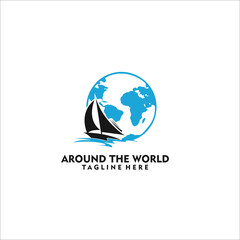 sailboat around the world logo design silhouette vector