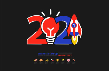 Startup business 2021 new year rocket launch with creative light bulb ideas, Vector illustration modern design layout template