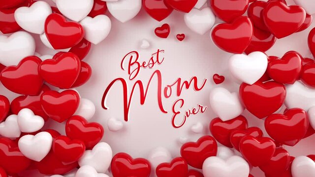 Red and white hearts are moving around beautiful best mom ever typography on a white background.
