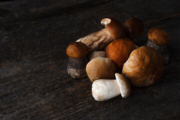 Seasonal forest mushrooms on a rustic wooden background, space for text