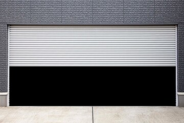 Silver metal garage at the building that opens the door.