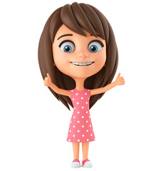 3d render illustration. Cheerful cartoon character little girl on a white background shows two fingers up.
