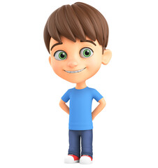 3d render illustration. Cartoon character little shy boy on a white background.