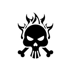 death skull head with bones crossed on fire silhouette style icon