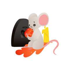 Halloween card with mouse at the gravestone flat vector illustration isolated.