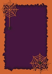 Violet paper cut background and orange frame with a hanging web of dangerous and poisonous spider.