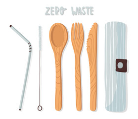Wooden cutlery set, bamboo crockery, spoon, fork, knife, reusable metal drinking straw and brush in a cotton bag. Zero waste concept. Vector stock graphics. Isolated elements on a white background.
