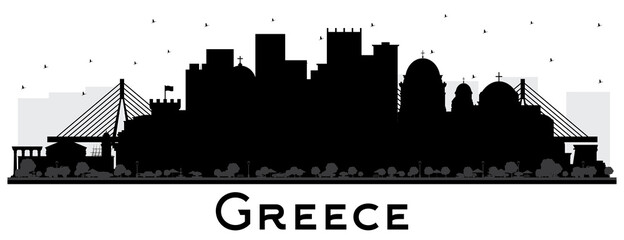 Welcome to Greece City Skyline Silhouette with Black Buildings Isolated on White.