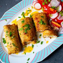 Vegetable roulade from roast  pork loins with salads