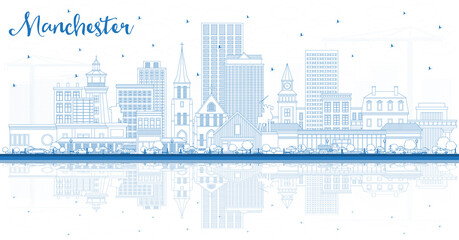 Outline Manchester New Hampshire City Skyline with Blue Buildings and Reflections.