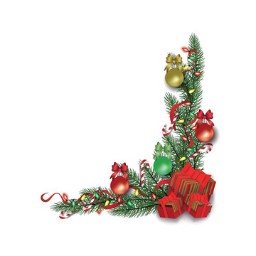 Christmas Holiday Corner Border Decoration With Green Pine Branches