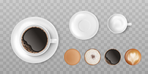 Set of white ceramic cups and different types of coffee, top view.
