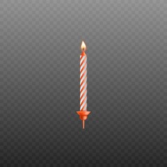 Striped red and white birthday cake candle with realistic fire