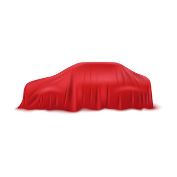 Realistic Red Car Covered With A Fabric Cover For Curtains Made Of Silk Or Satin.