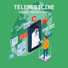 Telemedicine smartphone concept characters doctor and patient consultation diagnosis by internet