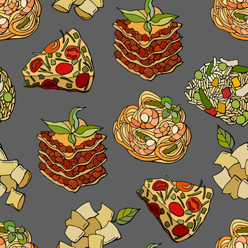 Seamless Italian food pattern. Lasagna, frittata, pasta, risotto, gnocchi. Cartoon style. Stock illustration. Design of wallpapers, fabrics, textiles, packaging.