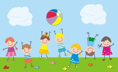 Obraz na płótnie Canvas Jumping kids on meadow, funny illustration, vector illustration