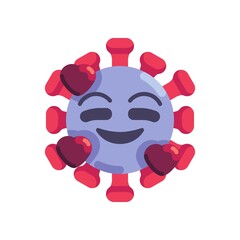 Romantic coronavirus emoticon flat icon, vector sign, virus smiling face with hearts colorful pictogram isolated on white. Symbol, logo illustration. Flat style design