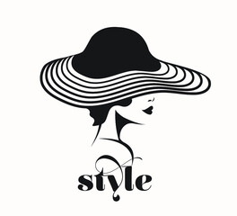 Woman with elegant makeup and hairstyle.Large brim sun hat.Fashion, style and beauty illustration.Young lady.Attractive female portrait.Profile view face.Accessory design.