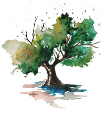 green colorful textured tree watercolor painting